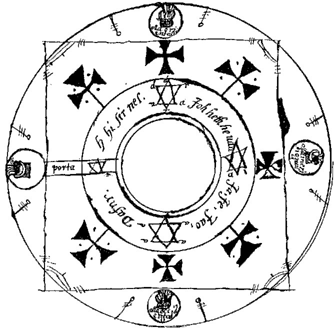 Line drawing of a magic circle with four small vessels at the compass points and a labelled path from the centre to one of them.