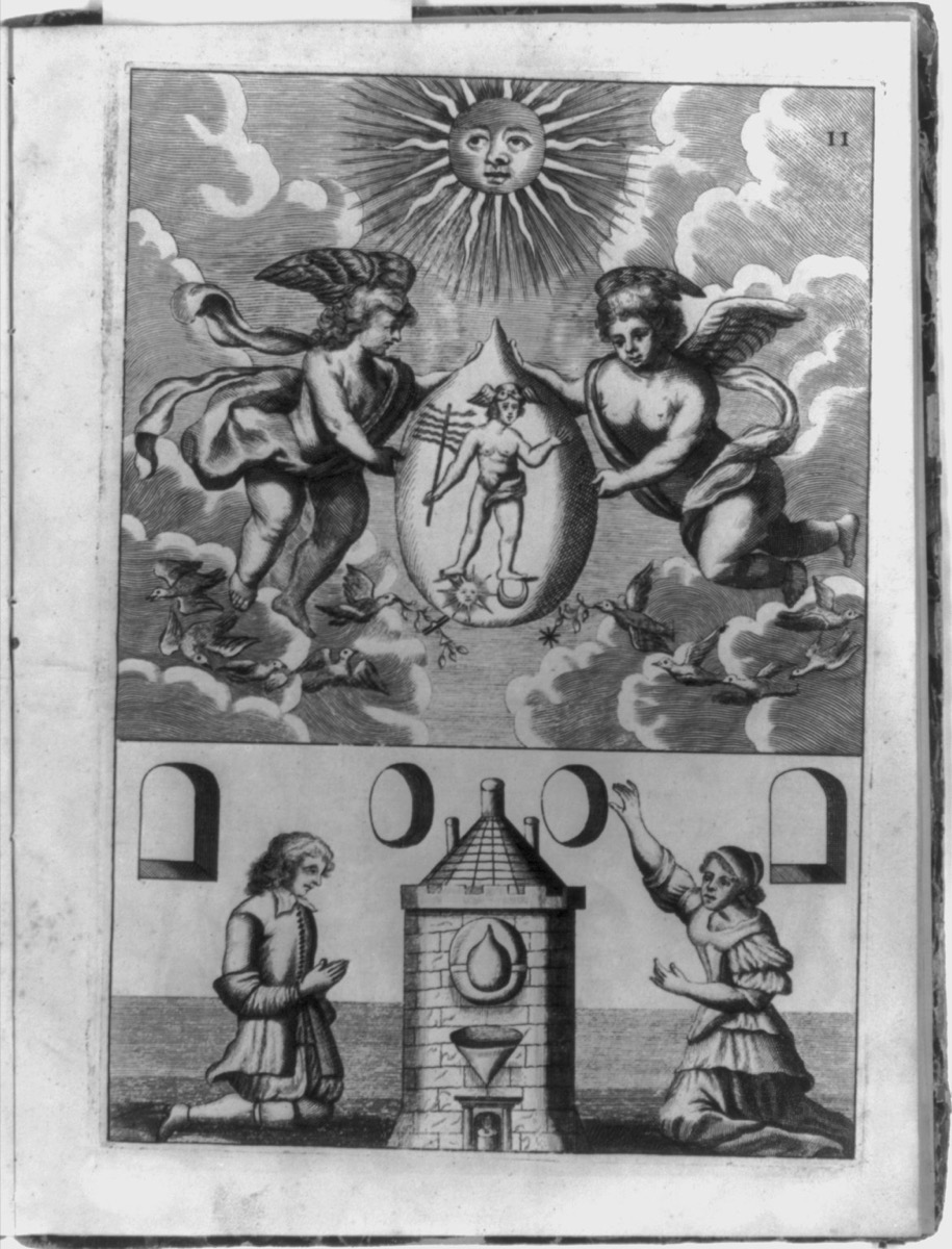 Black and white engraved plate: two winged putti hold up a stone bearing a small figure, and below them a man and a woman kneel before a furnace.