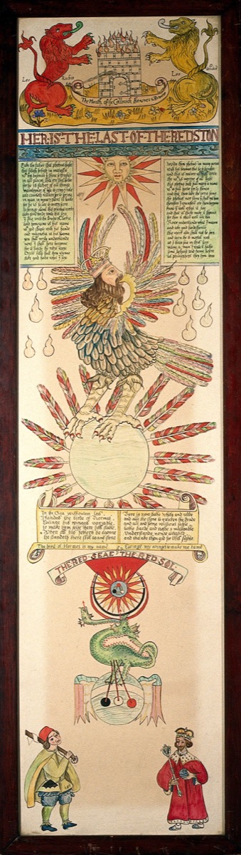 Tall narrow watercolour of the lower part of an alchemical scroll: a red and a green lion above a burning gateway, a winged bird standing on a globe, and a green dragon beneath a red sun.
